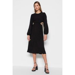Trendyol Black A-Line Midi Cut Out/Window Detail Woven Dress