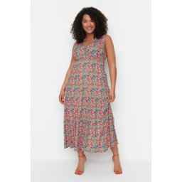 Trendyol Curve Multicolored A-line Floral Patterned V Neck Knit Plus Size Dress
