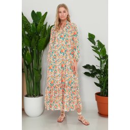 Trendyol Orange Floral Half Patchwork Ruffled Hem Lined Woven Dress