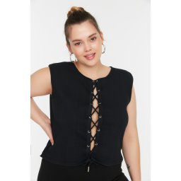 Trendyol Curve Black Corduroy Knitted Blouse with Eyelets and Lace Detail