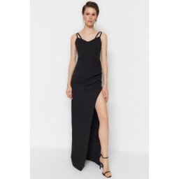 Trendyol Black Fitted Evening Dress with a slit in Woven