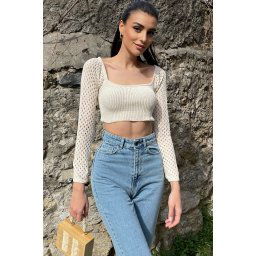 Trend Alaçatı Stili Women's Beige Crop Knitwear Blouse with Openwork Lace-Up Detail at the Back