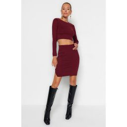 Trendyol Burgundy Super Crop Skirt Knitwear Two Piece Set