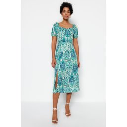 Trendyol Green Ethnic Patterned A-Cut Square Collar Slit Midi Woven Dress