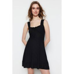 Trendyol Black Square Neck Flounce A-Line Mini Knitted Dress