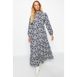 Trendyol Navy Blue Patterned Half Pat Wide Fit Cotton Woven Dress