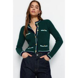 Trendyol Emerald Green Crop Color Block Jacket Look Knitwear Cardigan