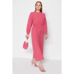 Trendyol Fuchsia Belted Front Piece Cotton Woven Unlined Dress
