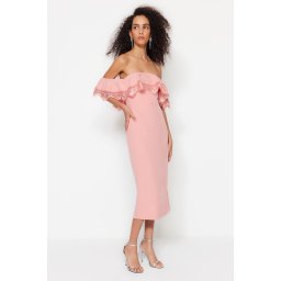 Trendyol Pale Pink Body-fitting Woven Flounce Elegant Evening Dress