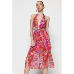 Trendyol Multi Color Lined Window/Cut Out Detailed Chiffon Floral Patterned Elegant Evening Dress