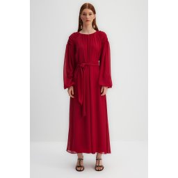 Trendyol X Kevser Sarıoğlu Fuchsia Chiffon Evening Dress With Draping Shoulder Belt and Drape
