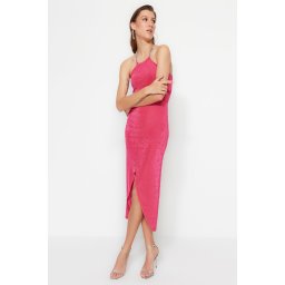 Trendyol Fuchsia Double Breasted Knitted Elegant Evening Dress