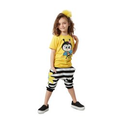 Denokids Bee Patterned Striped Girl's Yellow Summer T-shirt Capri Shorts Set