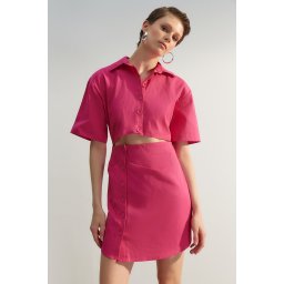 Trendyol Limited Edition Fuchsia A-line Window Detailed Shirt Collar Mini Woven Dress