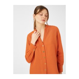 Koton Big Collar Shirt Long Sleeve Buttoned Linen Blended
