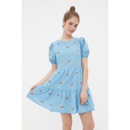 Trendyol Blue Floral Embroidery Shift/Straight Cut Mini Lined Woven Dress