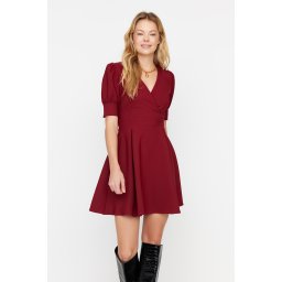 Trendyol Burgundy Double Breasted Collar Skater/Belt Opening Mini Woven Dress