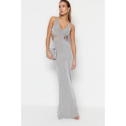 Trendyol Gray Fitted Evening Dress With Knitting Out Detailed and Shimmering