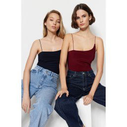 Trendyol Navy Blue-Burgundy 2-Pack Fitted/Sleeping Flexible Knitted Body with Snap Snaps
