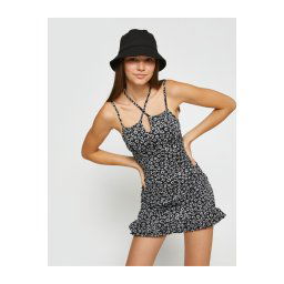 Koton Floral Mini Dress with Straps and Window Detail