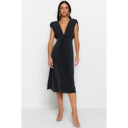 Trendyol Anthracite A-Line Lined Shiny Knitted Elegant Evening Dress
