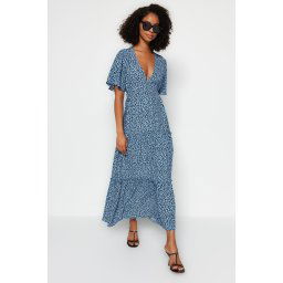 Trendyol Blue Animal Patterned V-neck Midi Woven Dress with Tie Detail