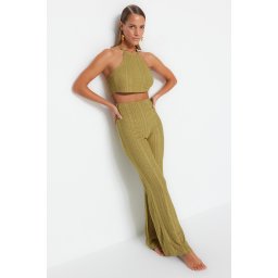 Trendyol Khaki Knitted Textured Crop Blouse Trousers Beach Set