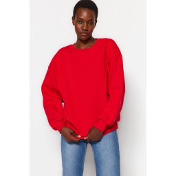 Trendyol Red Oversize/Relaxed Fit Basic Crew Neck Thick/Polar inside Knitted Sweatshirt