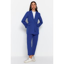Trendyol Blue Tie Detailed Lined Crepe Jacket-Trousers Woven Two Piece Set