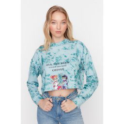 Trendyol Green The Flintstones Printed Crop Knitted Sweatshirt