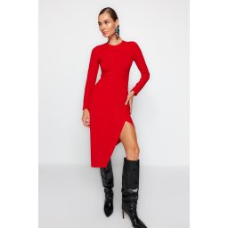Trendyol Red Crew Neck Slit Detail Fitted Midi Knitted Dress