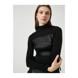 Koton Printed Ribbed Turtleneck Sweater Cashmere Textured