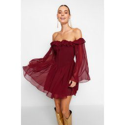 Trendyol Burgundy A-Cut Lined Flounce Woven Chiffon Short Elegant Evening Dress