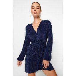 Trendyol Navy Blue Belted A-Cut Lined Pleated Knitted Short Elegant Evening Dress