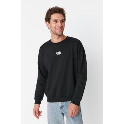 Trendyol Black Oversize/Wide Cut Fit Animal Embroidered Fleece/Warm Sweatshirt