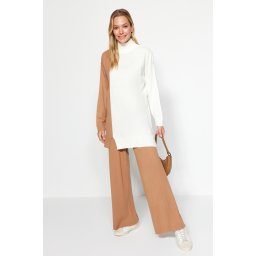 Trendyol Camel Color Block Sweater-Trousers Knitwear Two Piece Set