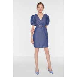 Trendyol Navy Blue Belted Balloon Sleeve Woven Dress