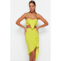 Trendyol Oil Green Weave Pleated One-Shoulder 100% Cotton Blouse and Skirt Set