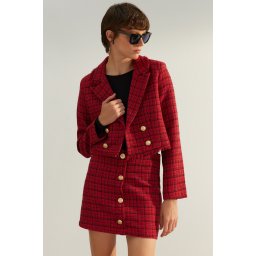 Trendyol Red Premium Regular Crop Woven Plaid Blazer Jacket