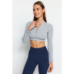 Trendyol Gray Melange Cotton Ribbed and Zipper Detailed Yoga Crop Knitted Sports Top/Blouse