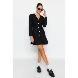 Trendyol Black Skirt Flounced Button Detailed V-Neck Tweed Woven Dress