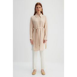 Trendyol X Kevser Sarıoğlu Beige Belted Aller Detail Woven Shirt