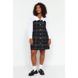 Trendyol Curve Black and White Shirt Collar Long Sleeve Buttoned Tweed Dress