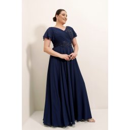 By Saygı Flounce Sleeves Front Beaded Embroidered Gathered Lined B.b. Chiffon Dress Navy Blue