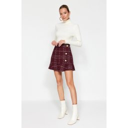 Trendyol Claret Red with Buttons and Tweed Fabric Hem with Ruffles, Mini Woven Skirt