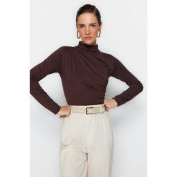 Trendyol Brown Gathered Detailed High Neck Snap Snap Elastic Knitted Bodysuit