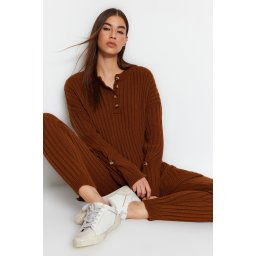 Trendyol Dark Brown Wide Pattern Knitwear Bottom-Top Set