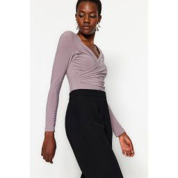 Trendyol Mink Waistband Draped Detailed Fitted/Sleeping Elastic Snaps Knitted Bodysuit
