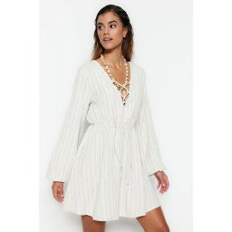 Trendyol Ecru Mini Woven Tie Linen Blended Beach Dress