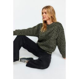 Trendyol Khaki Printed Regular Fit Knitted Sweatshirt with Fleece Inside